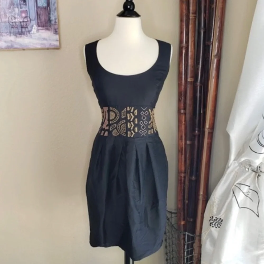 NICOLE MILLER COLLECTION ~ Black Silk & Antique Gold Beaded Dress ~ Size 12